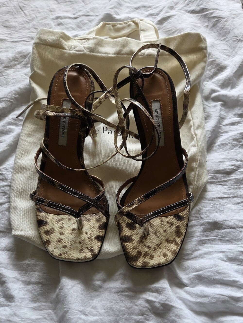 NEW Emme Parsons Brown Snake-Print Strappy Sandals 37.5
